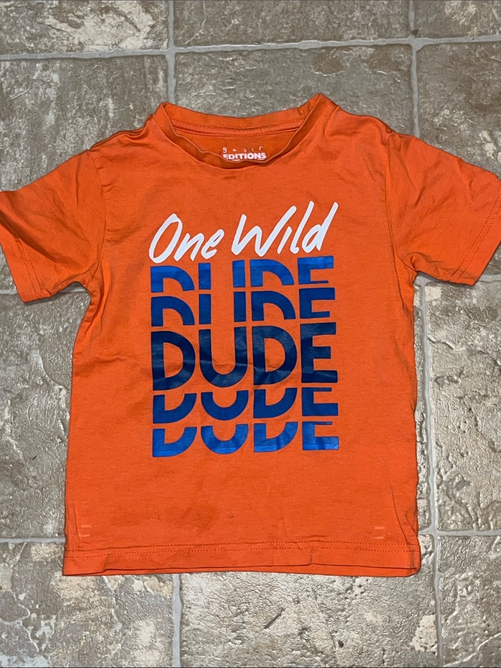 Basic Editions Orange Tee with Blue and White 'One Wild DUDE' Graphic